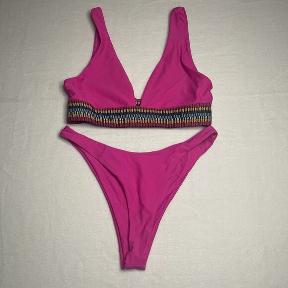 Unbranded Other - Vibrant Pink Bikini Set with Patterned Waistband Size Large